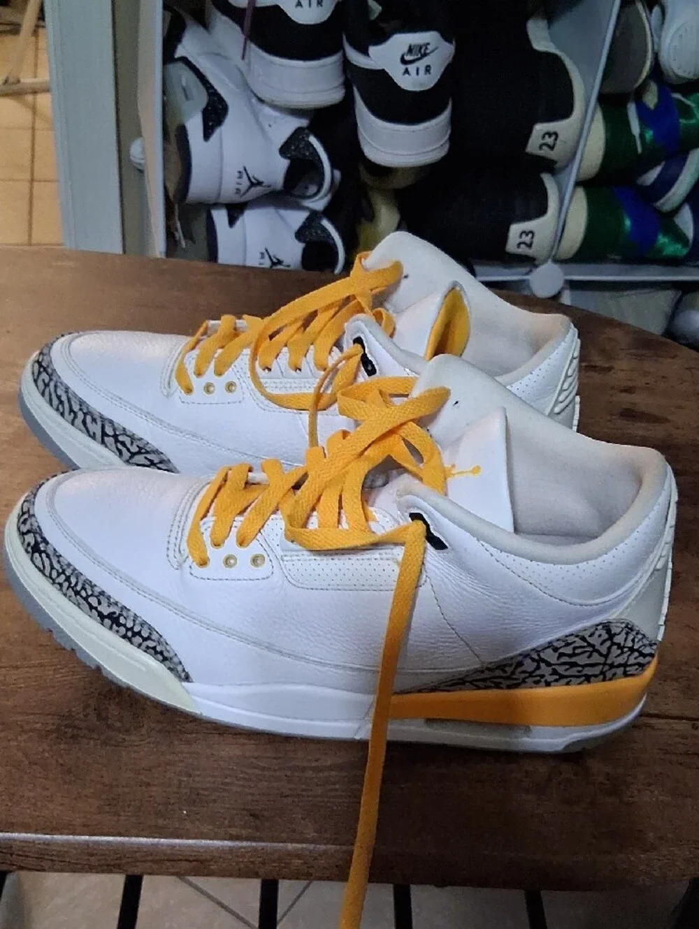 Jordan Men’s White Sneakers with Yellow Accents and Elephant Print